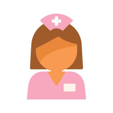 Bu resimde pembe önlük ve isim kartı takan bir kadın hemşire var.