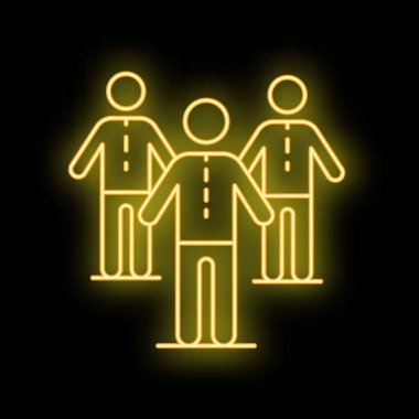Sarı neon ikonu takım çalışmasını ve işbirliğini sembolize eden bir grup iş adamını temsil ediyor.