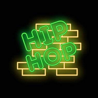 Yeşil neon levha harfleri sarı neon duvarlı arka planda hip hop yazıyor.