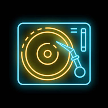 Parlayan neon hattı vinil kayıt cihazı simgesi siyah arkaplanda izole edildi