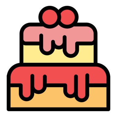 Rengarenk katmanlı iki katlı pasta, krema damlatan, ve üstünde iki kiraz, doğum günü veya kutlama görselleri için mükemmel.