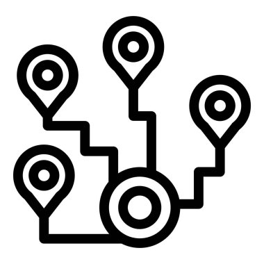 Birbirine bağlı pin konumları olan bir haritanın basit siyah dış hat simgesi, bir yolculuk veya rotayı temsil eder