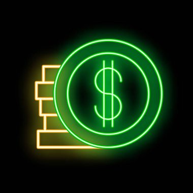 Zenginlik ve finans kavramları için harika bir para yığını üzerinde parlayan yeşil neon dolar.