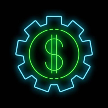 Glowing neon illustration of a green dollar sign inside a blue gear, representing the concept of making money clipart