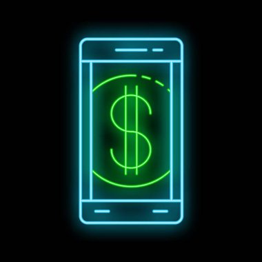 Ekranda dolar para birimi sembolünü gösteren bir cep telefonunun neon ışıklı simgesi