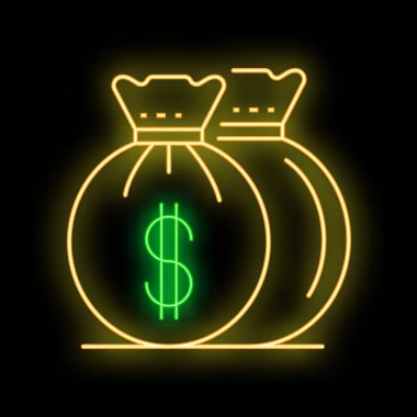 Parlak neon hattı para çantası simgesi siyah bir arkaplan üzerinde izole, finansal kavramları göstermek için mükemmel