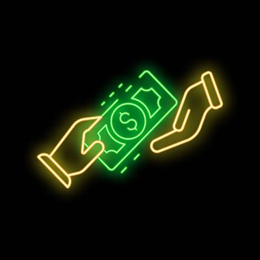 Siyah bir arkaplanda banknot değiş tokuşu yapan iki elin parlayan neon simgesi