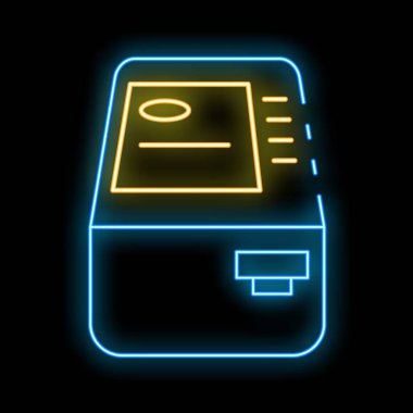 Parlak neon atm makinesi aydınlatılmış dokunmatik ekran ve kart okuyucu ile ödeme bilgilerini görüntülüyor