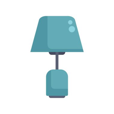 Boş bir odayı aydınlatan silindirik tabanlı minimalist mavi masa lambası.