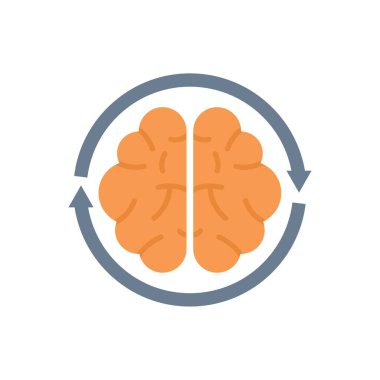Beyin fırtınası ve fikir üretimi kavramını temsil eden dairesel bir okla çevrelenmiş basit bir beyin simgesi.