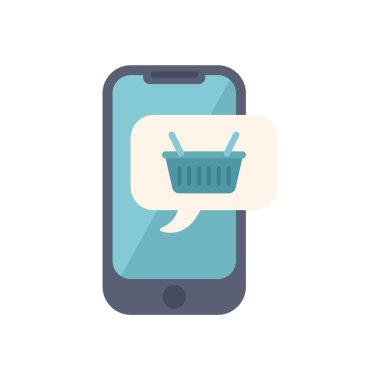 Akıllı telefon, online alışveriş ve ticaret kavramını temsil eden bir konuşma balonunda bir alışveriş arabası simgesi gösteriyor.