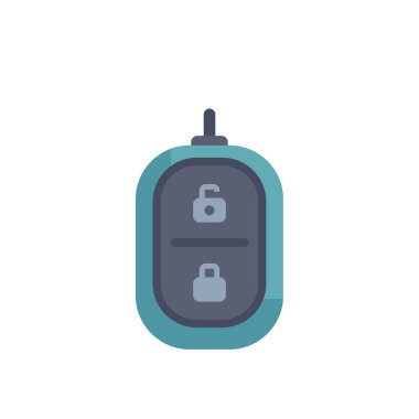 Minimalist vektör illüstrasyonunda güvenlik ve erişimi sembolize eden kilit ve kilit açma düğmeleri olan bir araba anahtarlığı