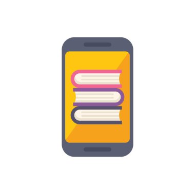 Üç kitap yığını, e-öğrenme ve dijital eğitim kavramını sembolize eden bir cep telefonu ekranında sergilenmektedir.