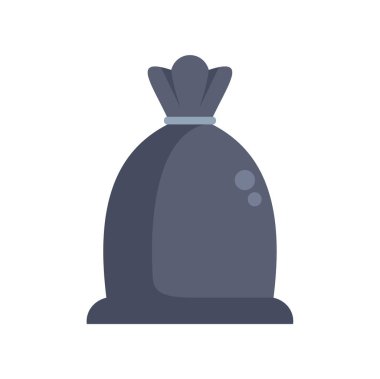 İple bağlanmış tam siyah plastik çöp torbası, düz şekilde izole edilmiş vektör illüstrasyonu