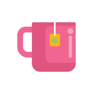 Yeşil etiketli, dumanı üstünde çay poşeti tutan pembe kupanın basit düz vektör simgesi