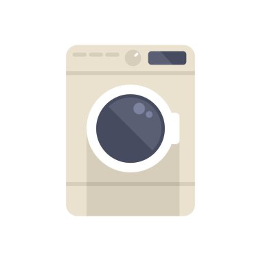 Beyaz arka planda duran kapalı kapılı bej çamaşır makinesi