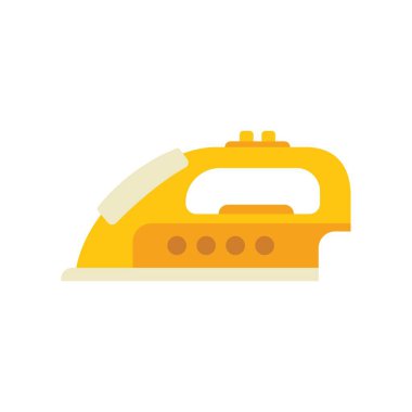 Giysileri ütülemek için sarı ütü beyaz arka planda duruyor