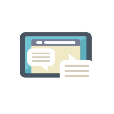 Sohbet baloncukları ile çevrimiçi mesajlaşma uygulaması arayüzünü gösteren bir tabletin basit simgesi