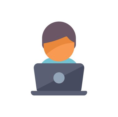 Bu vektör illüstrasyonunda dizüstü bilgisayarlarında özenle çalışan genç bir profesyonel, uzaktan çalışma ve çevrimiçi iş kavramını vurguluyor.