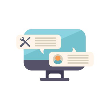 Bir masaüstü bilgisayarı ile bir teknisyen ve bir müşteri destek aracı arasında sohbet görüntüleyen çevrimiçi teknik destek kavramı