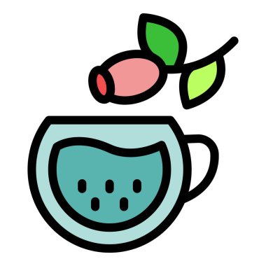 Bu renkli illüstrasyon, bitkisel ilaçların faydalarını temsil eden rahatlatıcı bir fincan gül çayı tasvir ediyor.