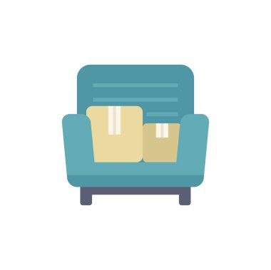 Bu düz renk simgesi bir koltuk ve iki karton kutu ile hareket eden ev konseptini temsil eder