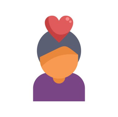 Kafasının üstünde kalp sembolü olan genç bir erkek karakteri tasviri. Olumlu duygu, sevgi, şefkat kavramı.