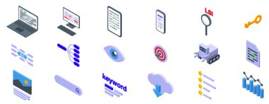 Lsi anahtar sözcük simgeleri ayarlandı. Arama motoru optimizasyon uzmanı anahtar kelime araştırması için internet trafiğini laptop ve modern yazılımla analiz ediyor