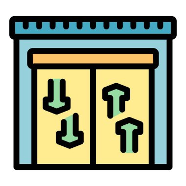 Bu renkli vektör çizimi kapılarının açılıp kapandığı bir asansör tasvir eder, erişilebilirlik, ulaşım ve modern mimari projeleri için idealdir.