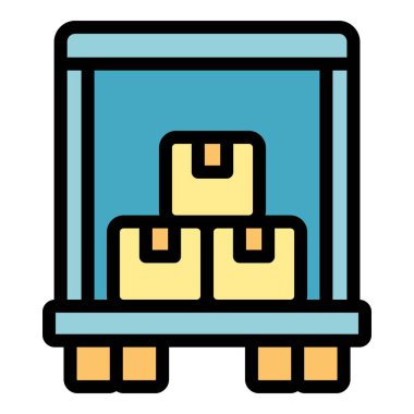 Bu vektör illüstrasyonunda lojistik, nakliye ve nakliye hizmetlerini sembolize eden üç karton kutu taşıyan bir teslimat kamyonu yer alıyor.