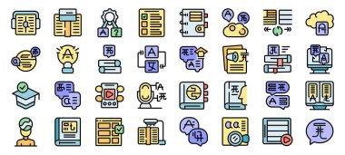 Dil öğrenme simgeleri ayarlandı, yabancı dil öğrenme sembolleri koleksiyonu, sözcük dağarcığı uygulamaları, çeviriler, çevrimiçi kurslar, işitsel kitaplar ve sözlük vektör çizimleri