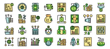 Bu simgeler para yönetiminin çeşitli yönlerini tasvir eder, yatırım stratejileri ve mali büyümeyi vurgular