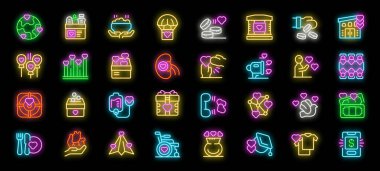 Sadaka verme ve gönüllü neon simgeleri belirleme vektörü. Bağış yemeği ve kıyafet bağışı, maddi yardım ve kan, gönüllüleri desteklemek ve neon ışıklı panolar. Vektör