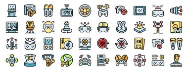 Sanal gerçeklik teknolojisi ve aygıt simgesi kullanan insanlar ince çizgi biçiminde oyun oynuyorlar