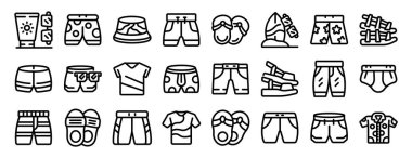 Erkek plaj giysisi seti. Yaz tatili, sahil tatili ve seyahat için erkek kıyafetleri ve aksesuarları.