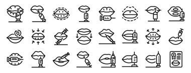Dudak enjeksiyonu simgeleri ayarlandı. Dudak büyütme ameliyatını temsil eden bu simge seti, dudak büyütme için çeşitli hyaluronik asit enjekte etme yöntemlerini içerir.