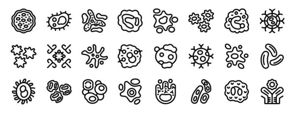 Immune system cells icons set. Set of simple black and white line icons featuring various microbes and bacteria