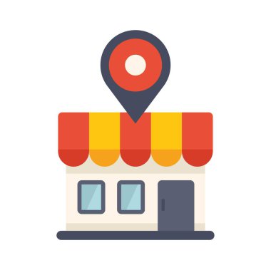 Bir perakende mağazasının üzerinde gezinen konum broşu simgesi, haritadaki bir iş adresini temsil ediyor