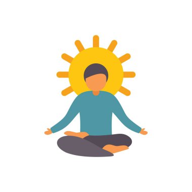 İnsan, kafasının üstünde parlayan bir güneşle, iç huzuru ve farkındalığı simgeleyen bir nilüfer duruşu içinde meditasyon yapıyor.