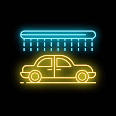 Araba yıkamayı gösteren neon tabela, yukarıdan suyla kaplı bir araba.