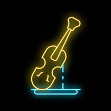 Parlayan neon çizgisi keman simgesi siyah arkaplanda izole edildi. Müzik aleti sembolü. Vektör illüstrasyonu