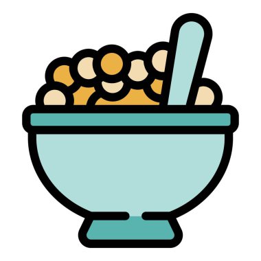 Bir kase dolusu yuvarlak mısır gevreğinin basit vektör ikonu, bir kaşık dışarı çıkmış, kahvaltı saatini temsil etmek için mükemmel.