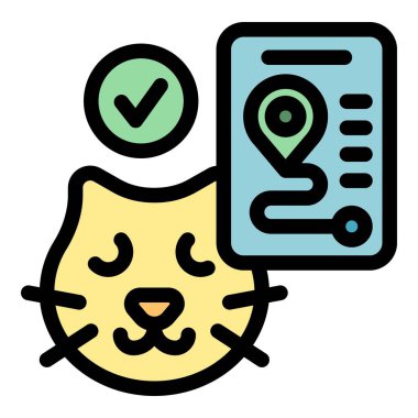 Bu vektör illüstrasyonu bir telefon ekranında kedi izleme uygulamasını gösteriyor, haritada onaylanmış bir konumu var