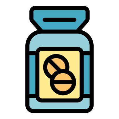 Tıbbi tedavi ve sağlık hizmetlerini sembolize eden iki adet yuvarlak tablet içeren ilaç şişesi