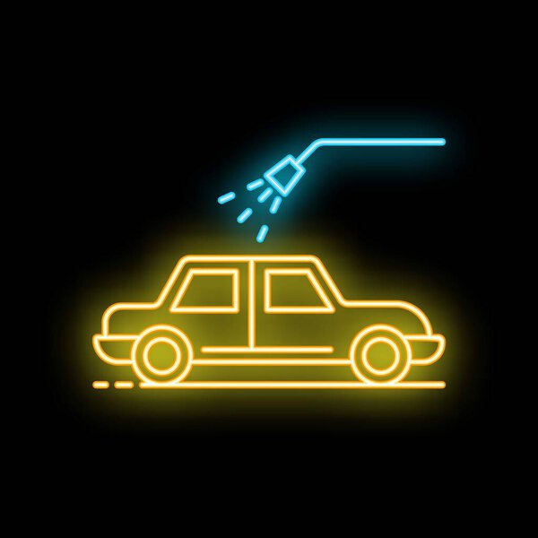 Neon glowing icon of car wash service with water hose spraying on a car