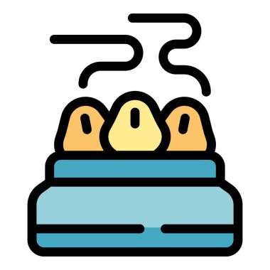 Bu renkli ikon, buharda pişen üç çörekle birlikte bir buharlı sepet tasvir ediyor, gıda projeleri için ideal.