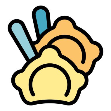 Bu simge, çatallara sabitlenmiş ve ekşi kremaya batırılmaya hazır iki Varenyky pierogie içerir.