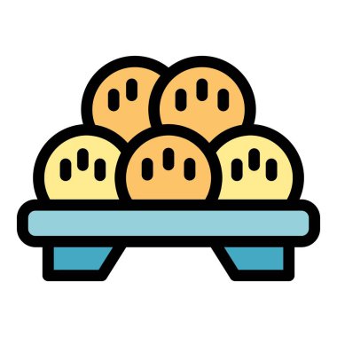 Tahta bir tepsinin basit ve renkli vektör simgesi taze pişmiş ekmek ruloları tutuyor, düz tasarım tarzında.