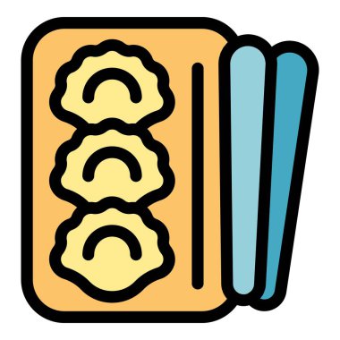 Lezzetli hamur köfteleriyle dolu renkli bir kutu. Çin yemeklerini temsil eden çubuklarla eğlenmeye hazır.