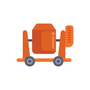 Tekerleklerin üzerinde duran turuncu bir çimento karıştırıcısının tasviri, inşaat ve inşaat faaliyetlerini simgeliyor.